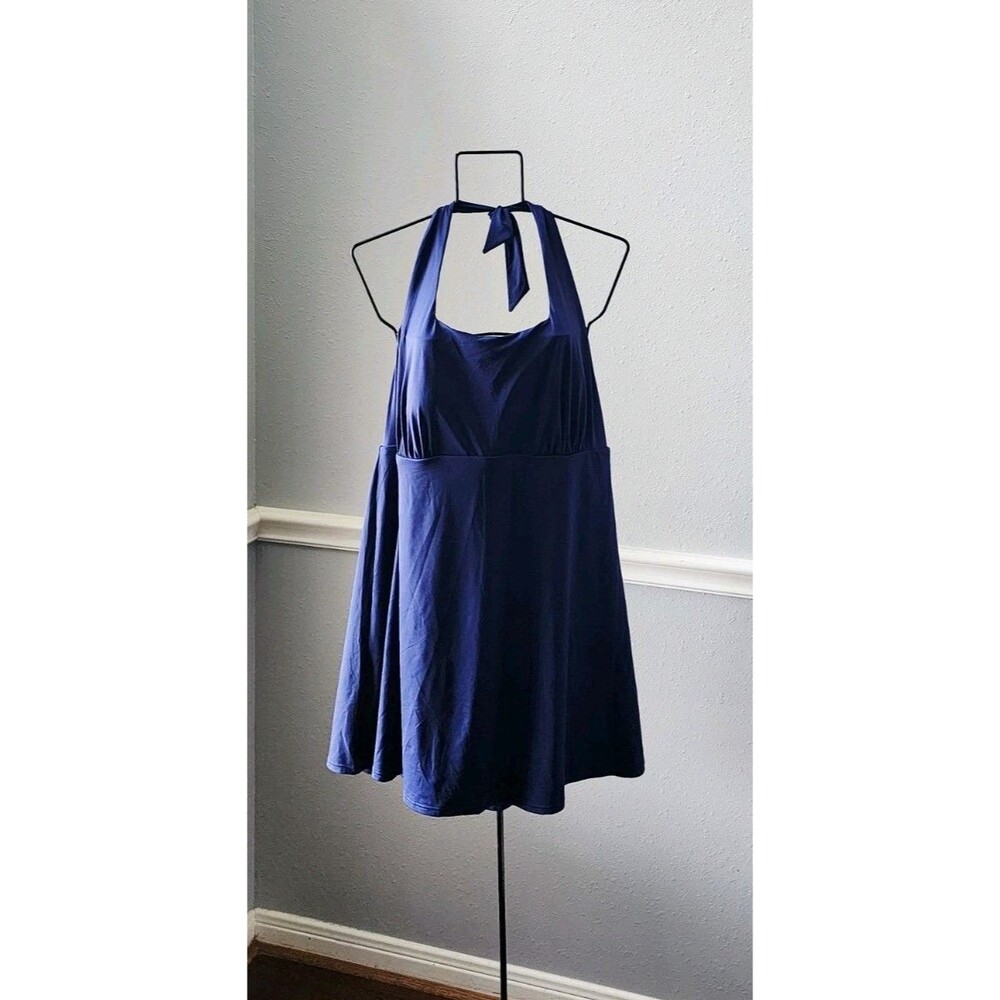 Lands’ End Chlorine Resistant Square Neck Halter Swim Dress Navy Blue 2XL (2c)